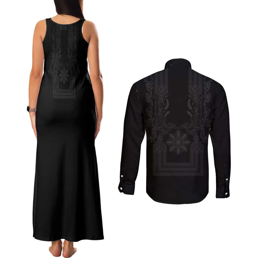Philippines Barong Style Couples Matching Tank Maxi Dress and Long Sleeve Button Shirt with Polynesian Art and Leaf Motif Black Color LT03 - Polynesian Pride