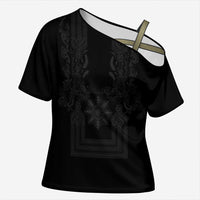 Philippines Barong Style Cross Shoulder Shirt with Polynesian Art and Leaf Motif Black Color LT03 Female Black - Polynesian Pride