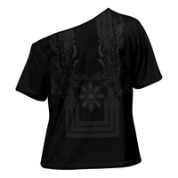 Philippines Barong Style Cross Shoulder Shirt with Polynesian Art and Leaf Motif Black Color LT03 - Polynesian Pride