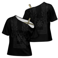 Philippines Barong Style Cross Shoulder Shirt with Polynesian Art and Leaf Motif Black Color LT03 - Polynesian Pride