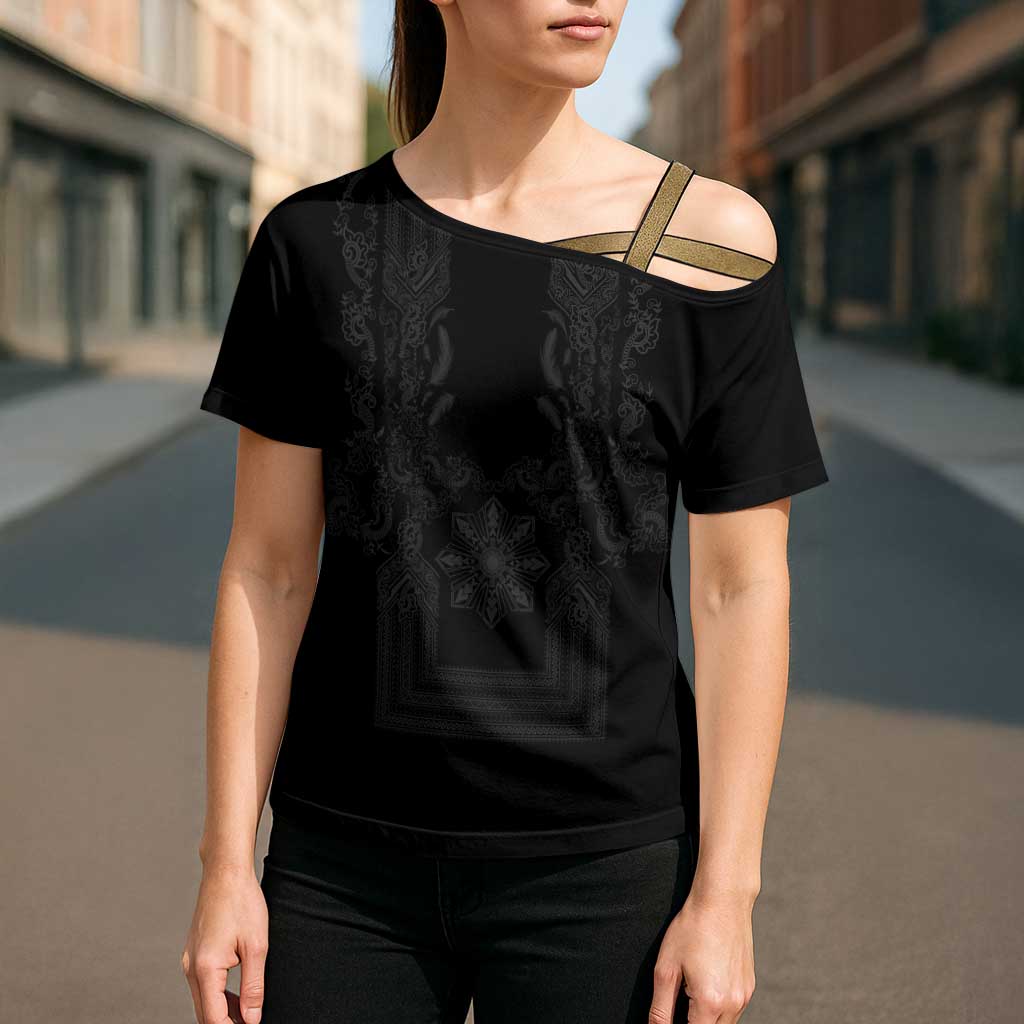 Philippines Barong Style Cross Shoulder Shirt with Polynesian Art and Leaf Motif Black Color LT03 - Polynesian Pride