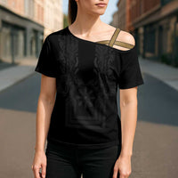 Philippines Barong Style Cross Shoulder Shirt with Polynesian Art and Leaf Motif Black Color LT03 - Polynesian Pride