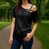 Philippines Barong Style Cross Shoulder Shirt with Polynesian Art and Leaf Motif Black Color LT03 - Polynesian Pride