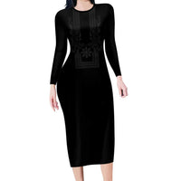 Philippines Barong Style Family Matching Long Sleeve Bodycon Dress and Hawaiian Shirt with Polynesian Art and Leaf Motif Black Color LT03 Mom's Dress Black - Polynesian Pride
