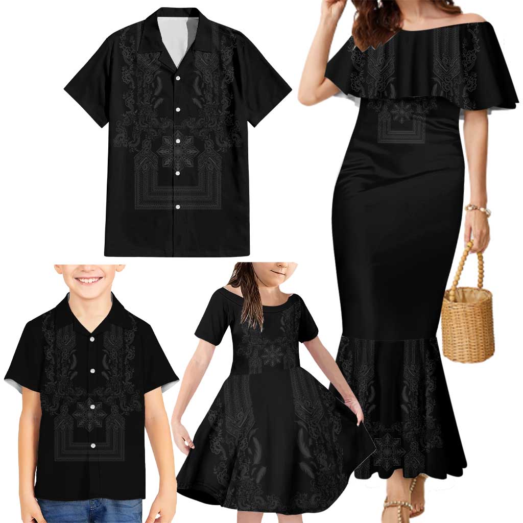 Philippines Barong Style Family Matching Mermaid Dress and Hawaiian Shirt with Polynesian Art and Leaf Motif Black Color