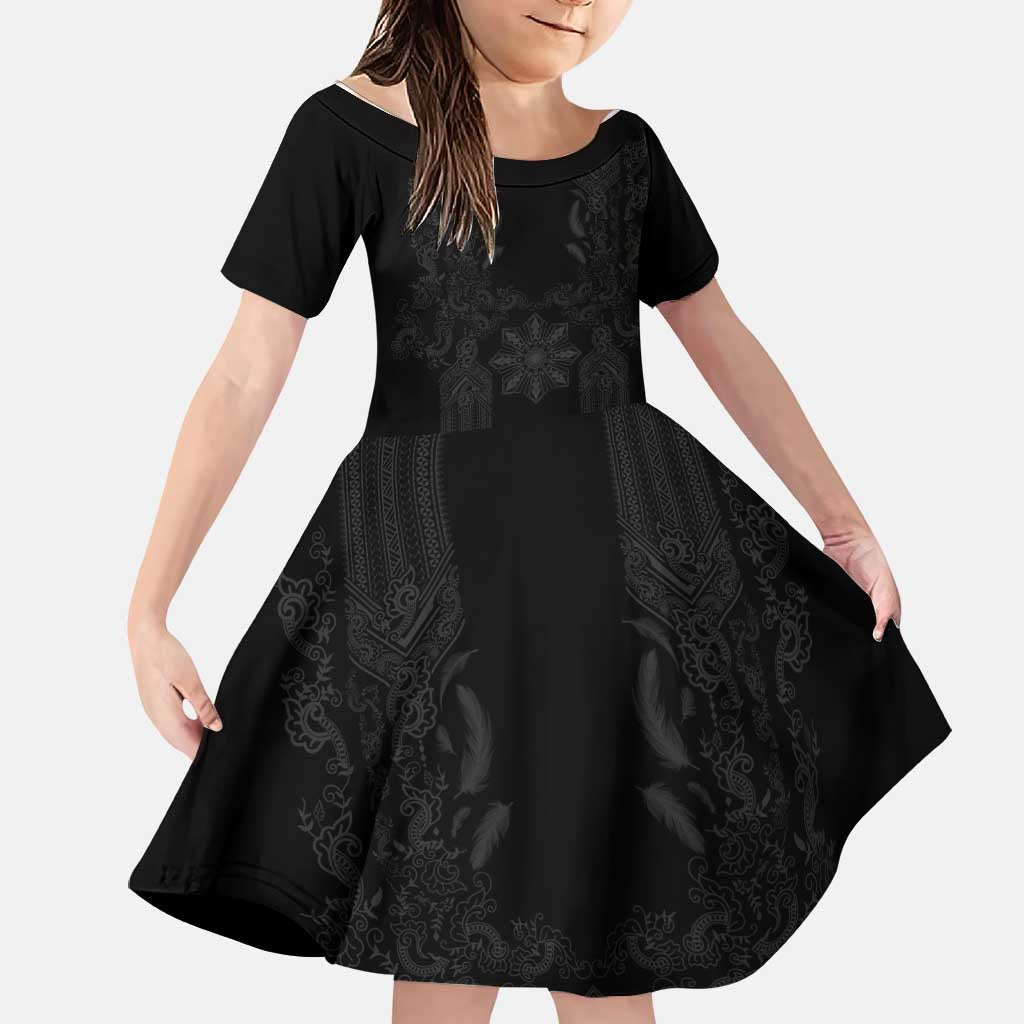 Philippines Barong Style Family Matching Off The Shoulder Long Sleeve Dress and Hawaiian Shirt with Polynesian Art and Leaf Motif Black Color LT03 Daughter's Dress Black - Polynesian Pride