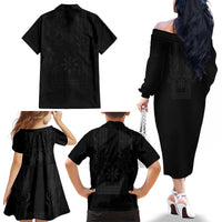 Philippines Barong Style Family Matching Off The Shoulder Long Sleeve Dress and Hawaiian Shirt with Polynesian Art and Leaf Motif Black Color LT03 - Polynesian Pride