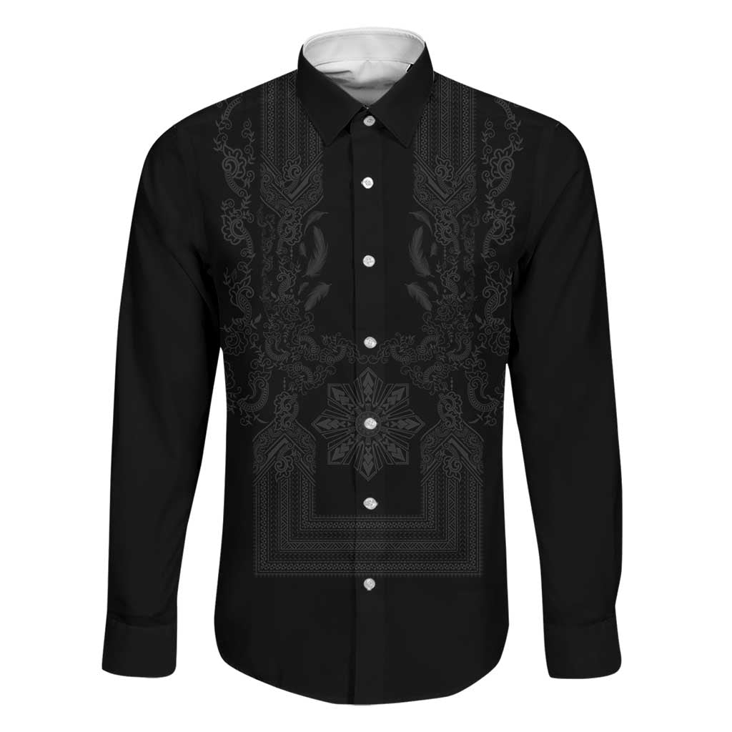 Philippines Barong Style Family Matching Off The Shoulder Long Sleeve Dress and Hawaiian Shirt with Polynesian Art and Leaf Motif Black Color LT03 Dad's Shirt - Long Sleeve Black - Polynesian Pride
