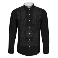 Philippines Barong Style Family Matching Off The Shoulder Long Sleeve Dress and Hawaiian Shirt with Polynesian Art and Leaf Motif Black Color LT03 Dad's Shirt - Long Sleeve Black - Polynesian Pride