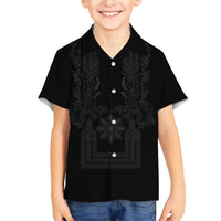 Philippines Barong Style Family Matching Off Shoulder Short Dress and Hawaiian Shirt with Polynesian Art and Leaf Motif Black Color LT03 Son's Shirt Black - Polynesian Pride