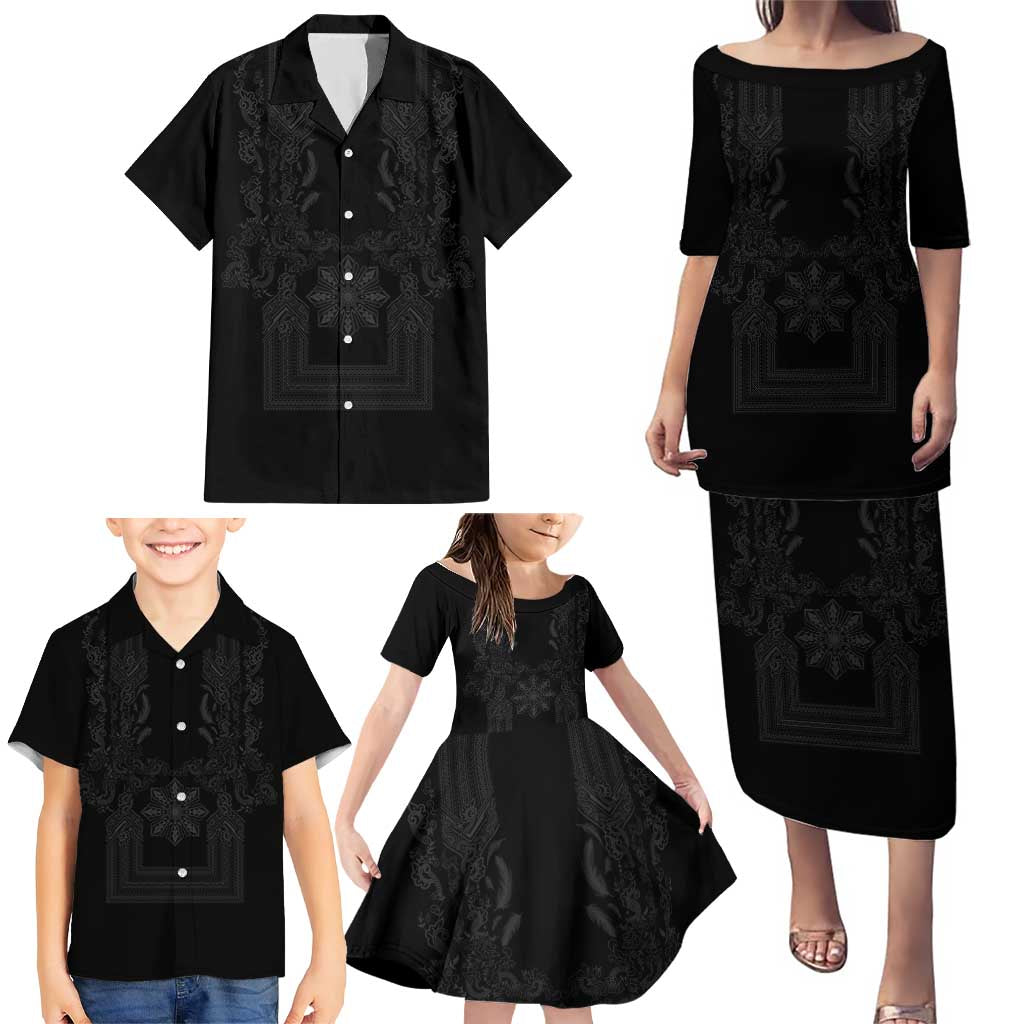 Philippines Barong Style Family Matching Puletasi and Hawaiian Shirt with Polynesian Art and Leaf Motif Black Color LT03 - Polynesian Pride