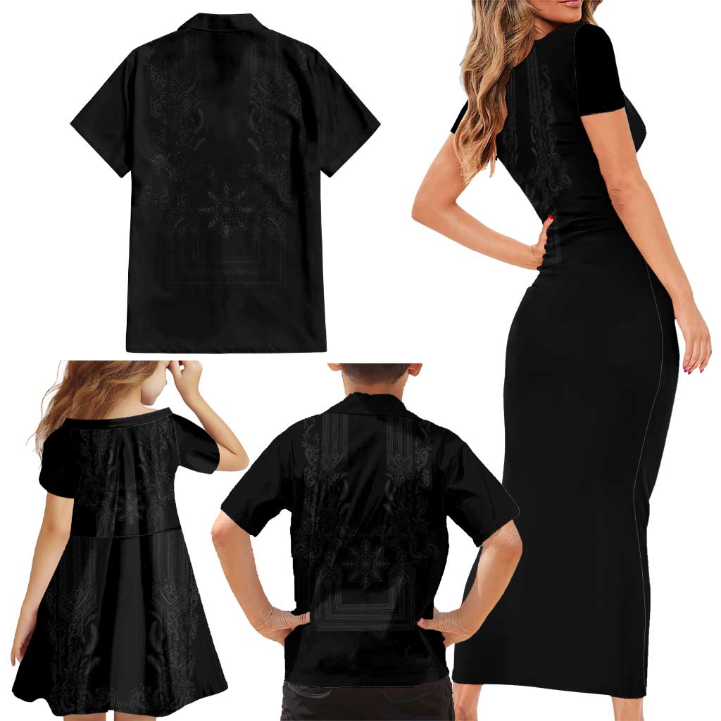 Philippines Barong Style Family Matching Short Sleeve Bodycon Dress and Hawaiian Shirt with Polynesian Art and Leaf Motif Black Color LT03 - Polynesian Pride
