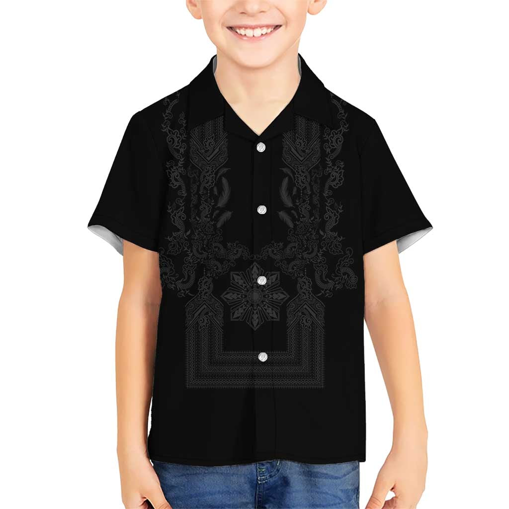 Philippines Barong Style Hawaiian Shirt with Polynesian Art and Leaf Motif Black Color