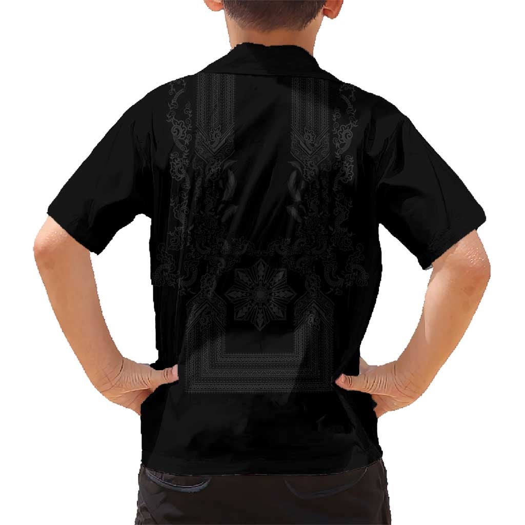 Philippines Barong Style Hawaiian Shirt with Polynesian Art and Leaf Motif Black Color