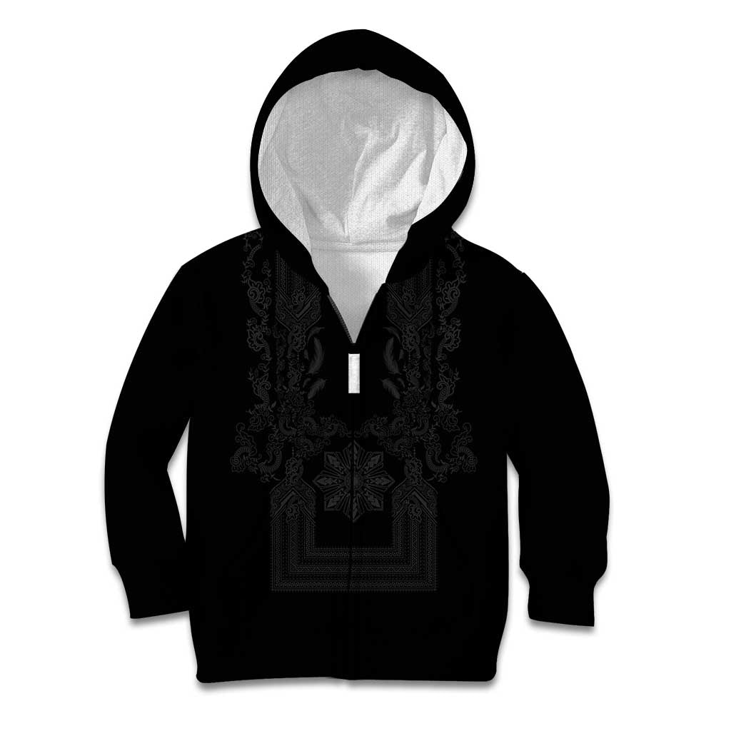 Philippines Barong Style Kid Hoodie with Polynesian Art and Leaf Motif Black Color