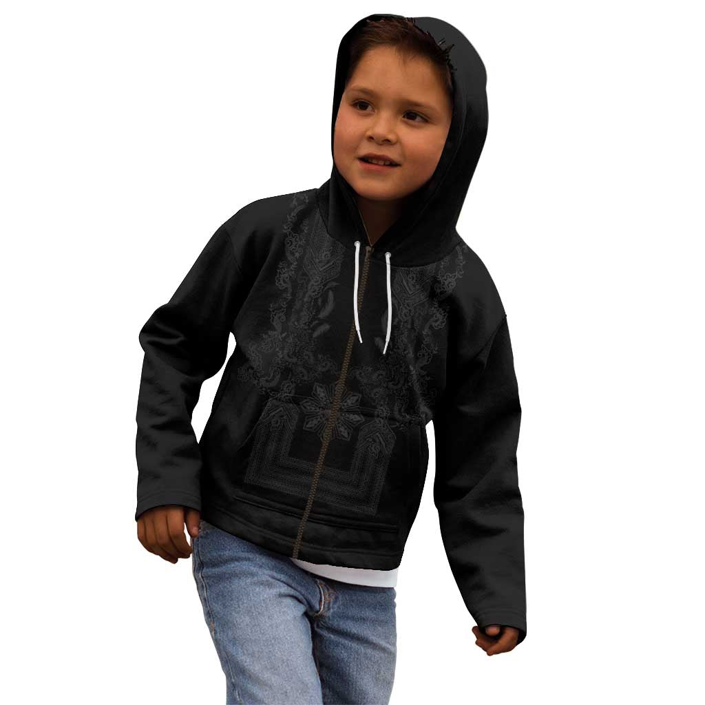Philippines Barong Style Kid Hoodie with Polynesian Art and Leaf Motif Black Color