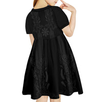 Philippines Barong Style Kid Short Sleeve Dress with Polynesian Art and Leaf Motif Black Color