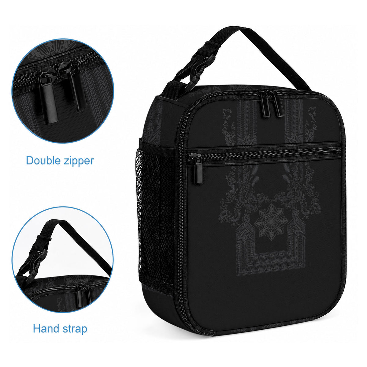 Philippines Barong Style Lunch Bag with Polynesian Art and Leaf Motif Black Color