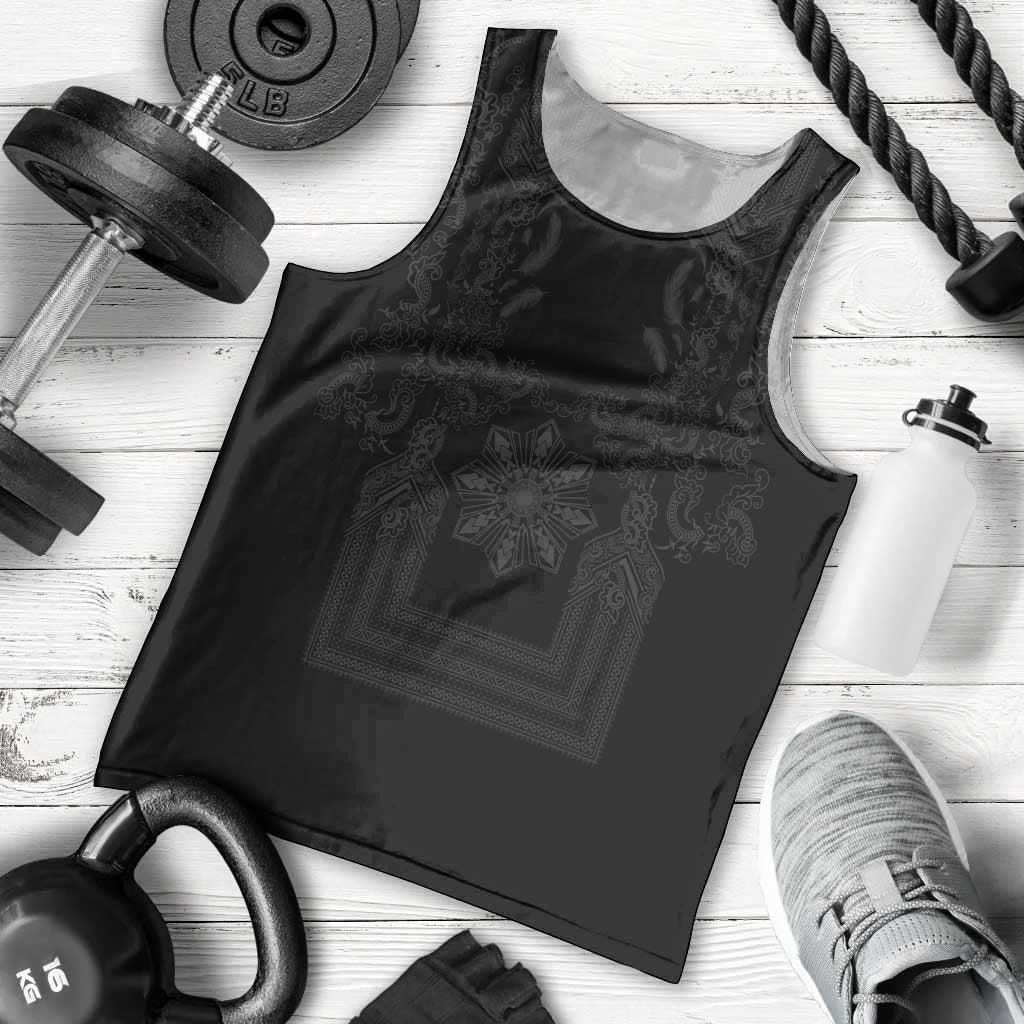 Philippines Barong Style Men Tank Top with Polynesian Art and Leaf Motif Black Color