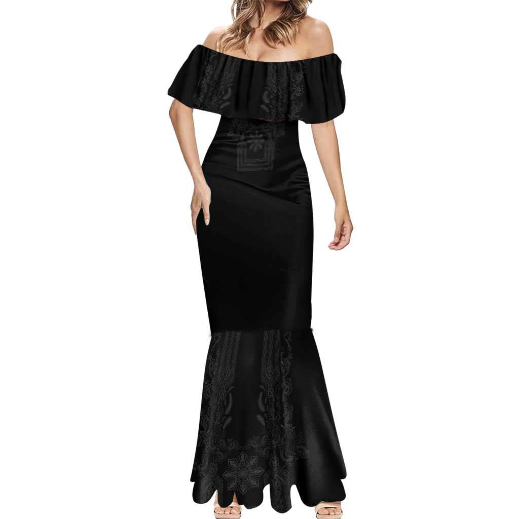 Philippines Barong Style Mermaid Dress with Polynesian Art and Leaf Motif Black Color
