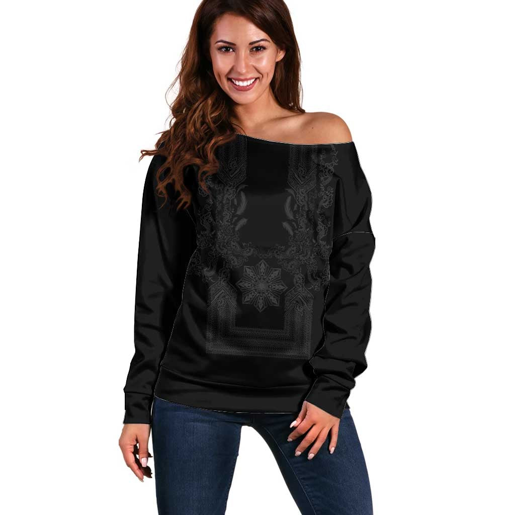 Philippines Barong Style Off Shoulder Sweater with Polynesian Art and Leaf Motif Black Color