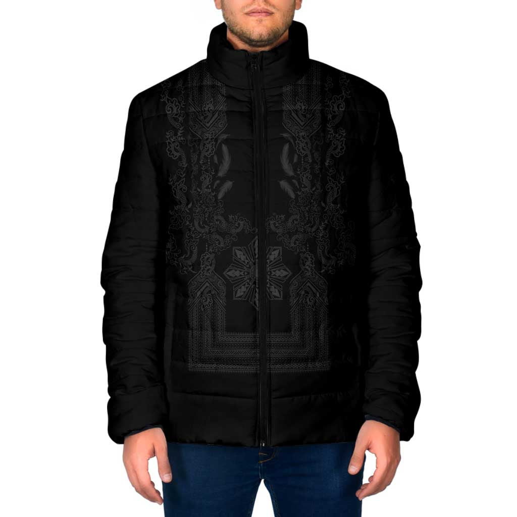 Philippines Barong Style Padded Jacket with Polynesian Art and Leaf Motif Black Color