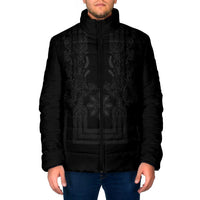 Philippines Barong Style Padded Jacket with Polynesian Art and Leaf Motif Black Color