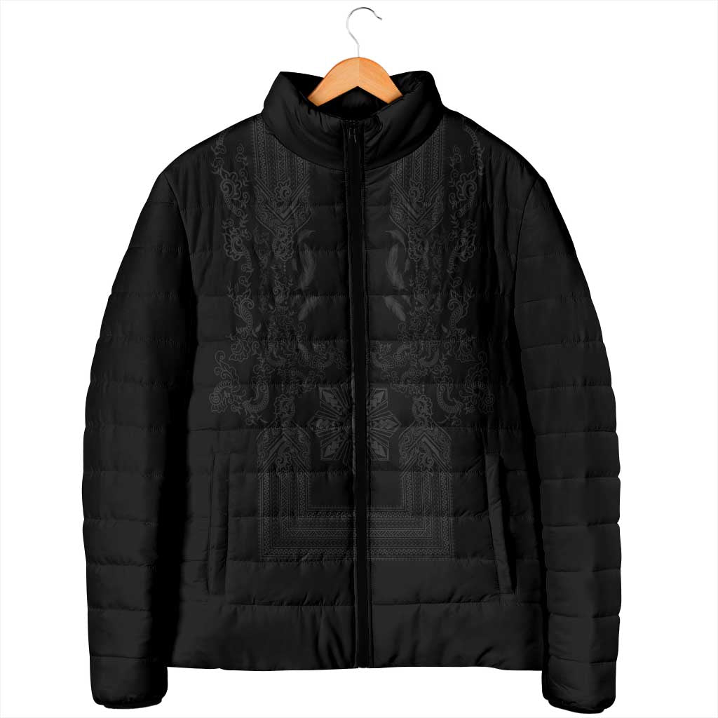 Philippines Barong Style Padded Jacket with Polynesian Art and Leaf Motif Black Color