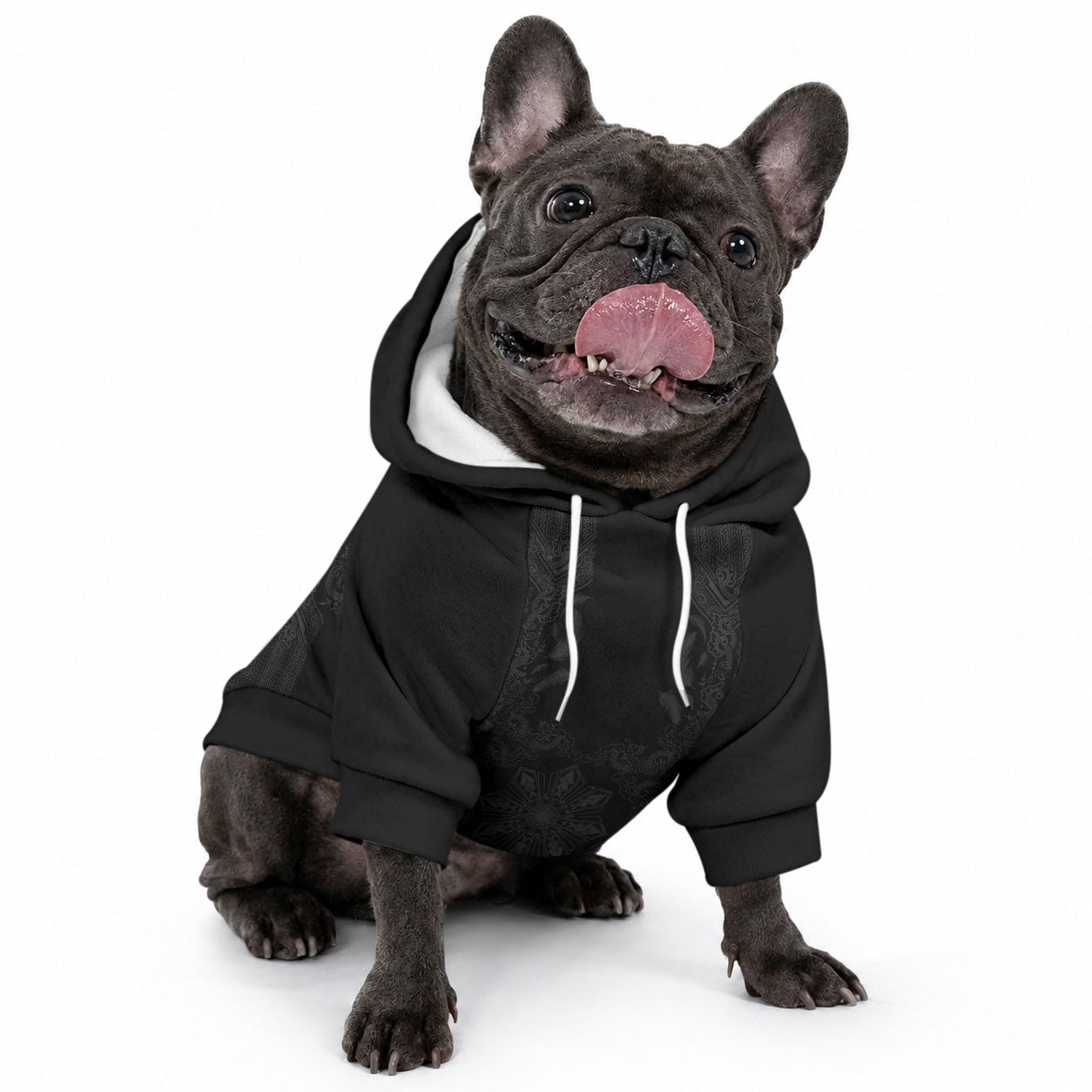 Philippines Barong Style Pet Hoodie with Polynesian Art and Leaf Motif Black Color