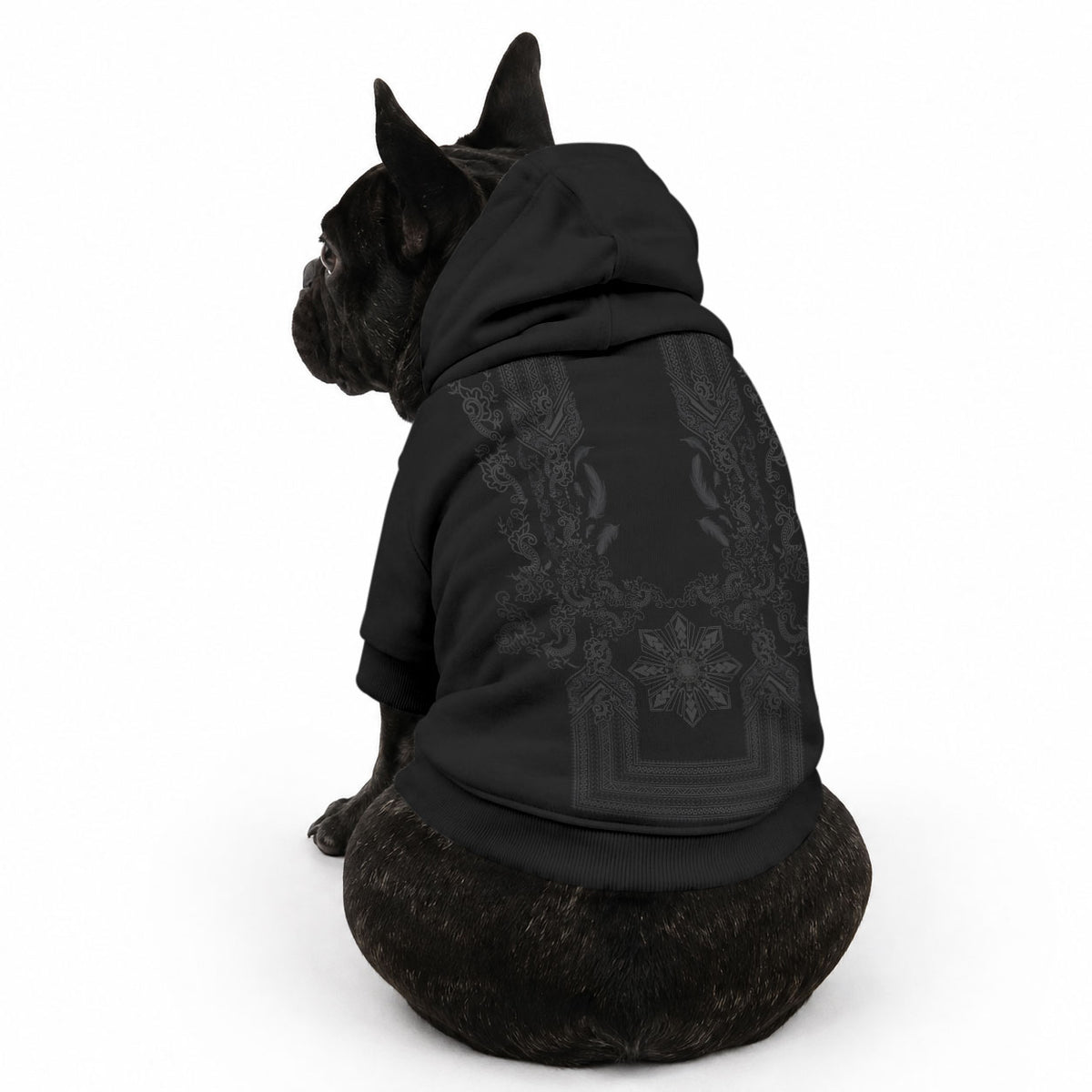 Philippines Barong Style Pet Hoodie with Polynesian Art and Leaf Motif Black Color