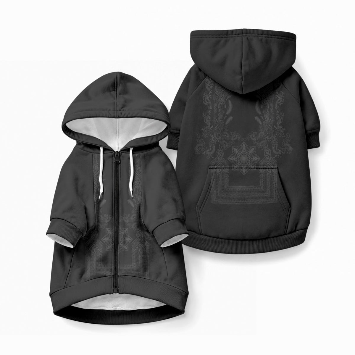 Philippines Barong Style Pet Hoodie with Polynesian Art and Leaf Motif Black Color