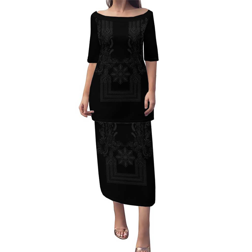 Philippines Barong Style Puletasi with Polynesian Art and Leaf Motif Black Color