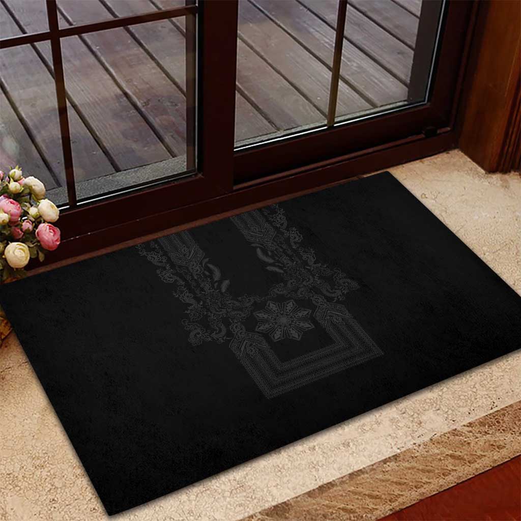 Philippines Barong Style Rubber Doormat with Polynesian Art and Leaf Motif Black Color