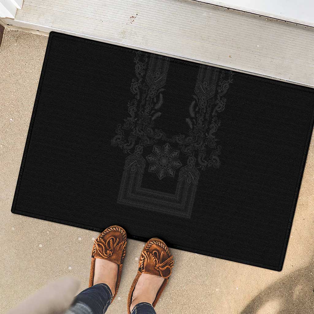 Philippines Barong Style Rubber Doormat with Polynesian Art and Leaf Motif Black Color
