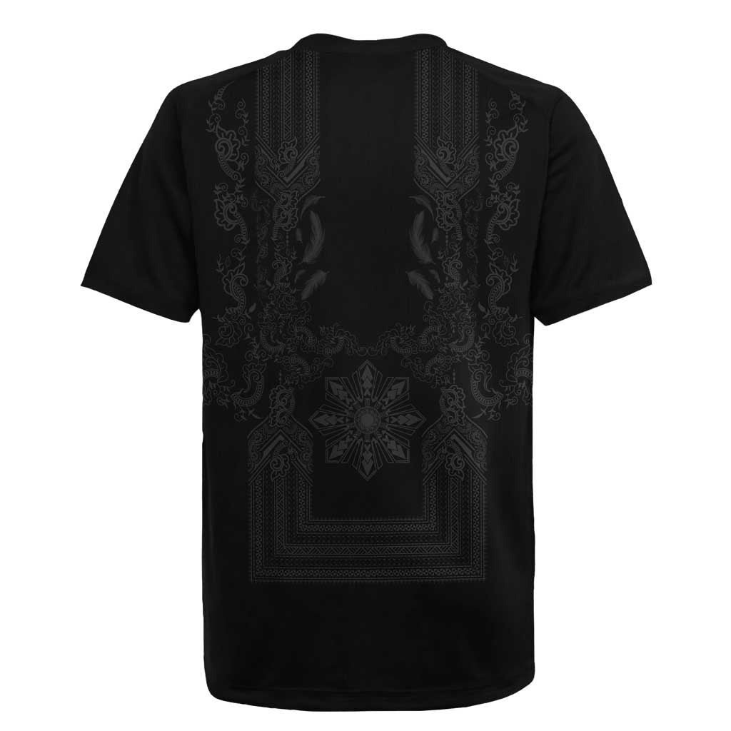 Philippines Barong Style Rugby Jersey with Polynesian Art and Leaf Motif Black Color