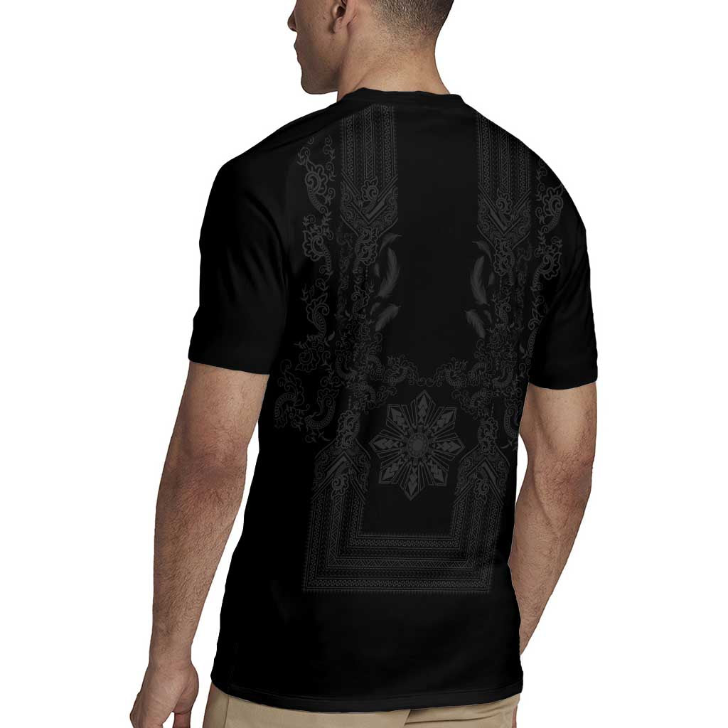 Philippines Barong Style Rugby Jersey with Polynesian Art and Leaf Motif Black Color