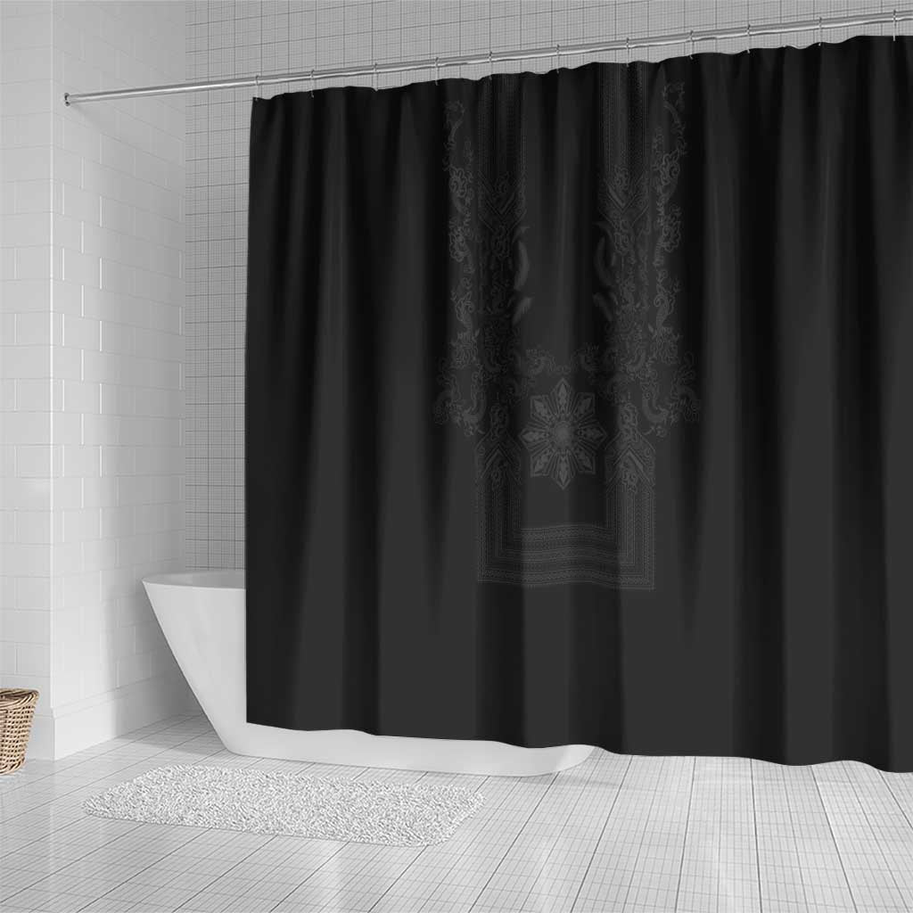 Philippines Barong Style Shower Curtain with Polynesian Art and Leaf Motif Black Color
