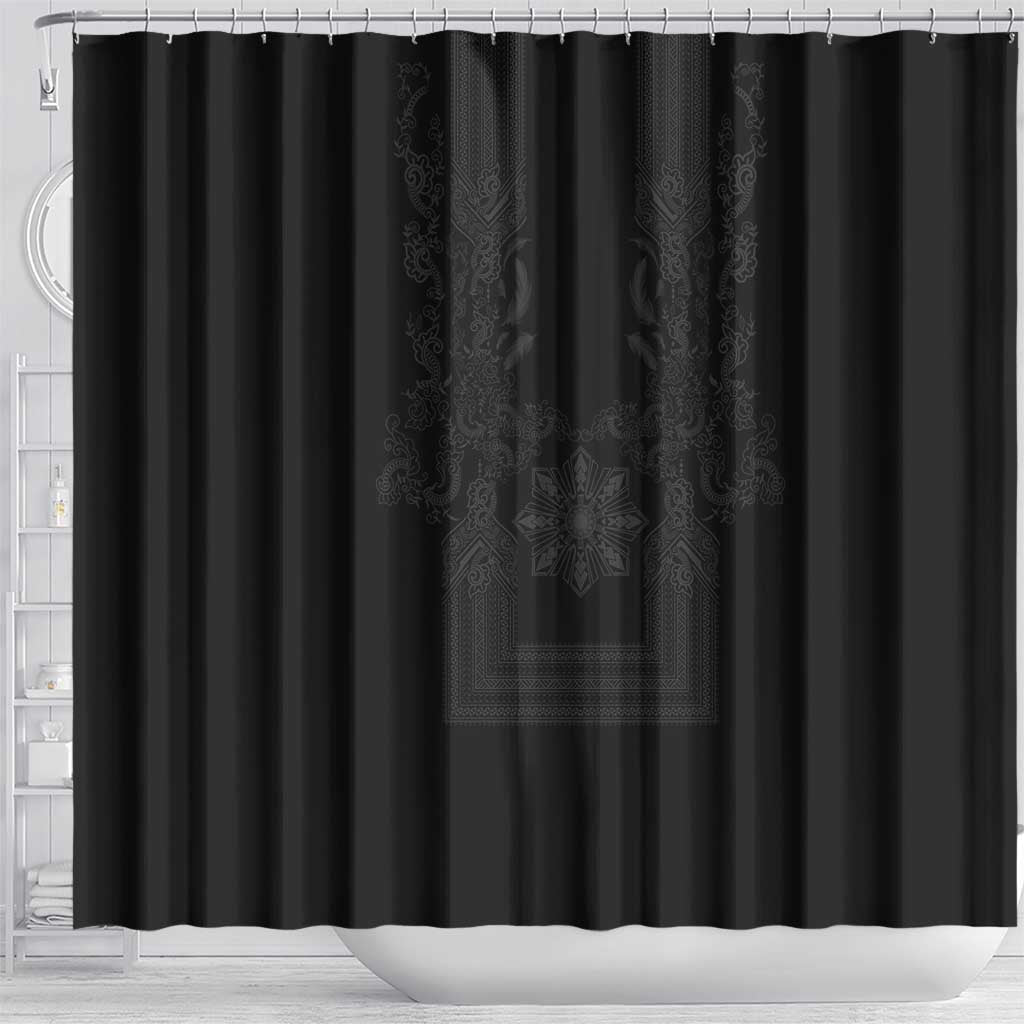 Philippines Barong Style Shower Curtain with Polynesian Art and Leaf Motif Black Color