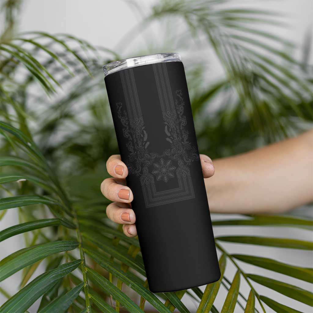 Philippines Barong Style Skinny Tumbler with Polynesian Art and Leaf Motif Black Color LT03 - Polynesian Pride