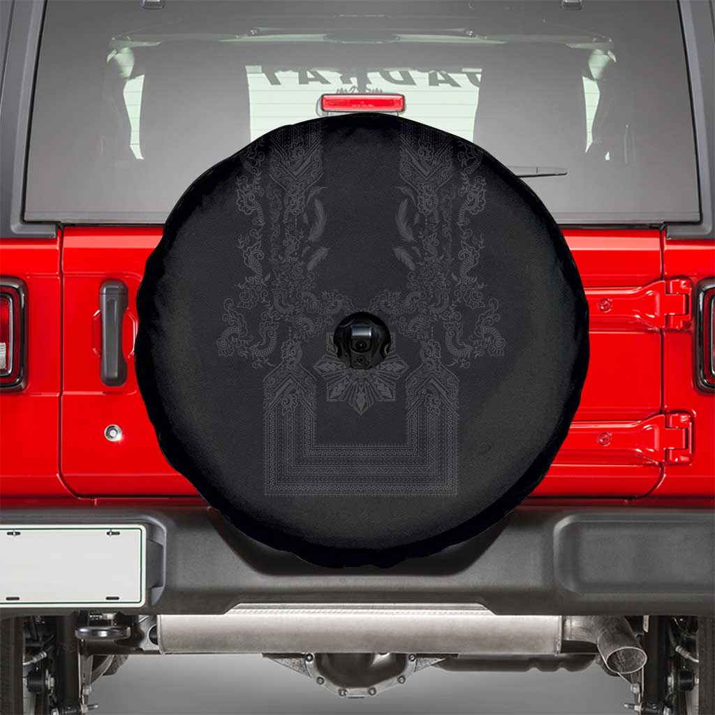 Philippines Barong Style Spare Tire Cover with Polynesian Art and Leaf Motif Black Color