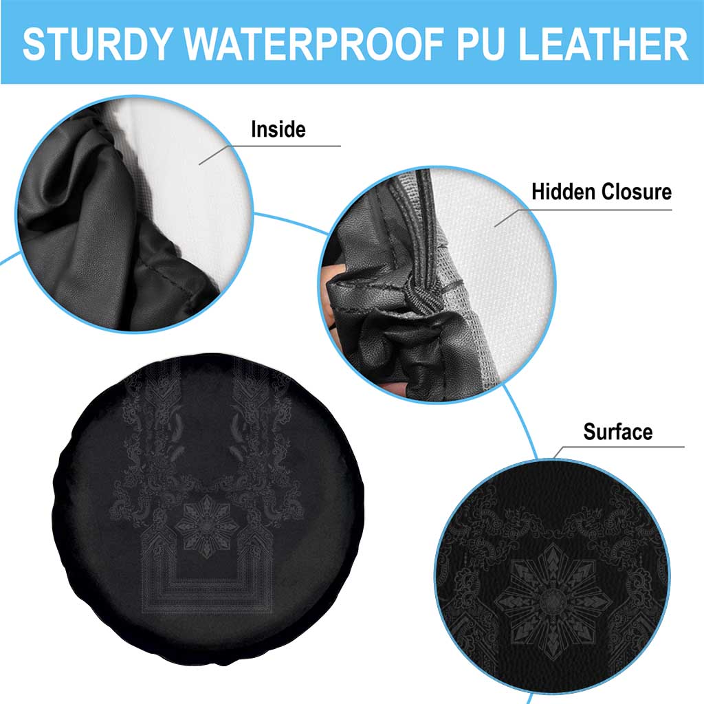 Philippines Barong Style Spare Tire Cover with Polynesian Art and Leaf Motif Black Color