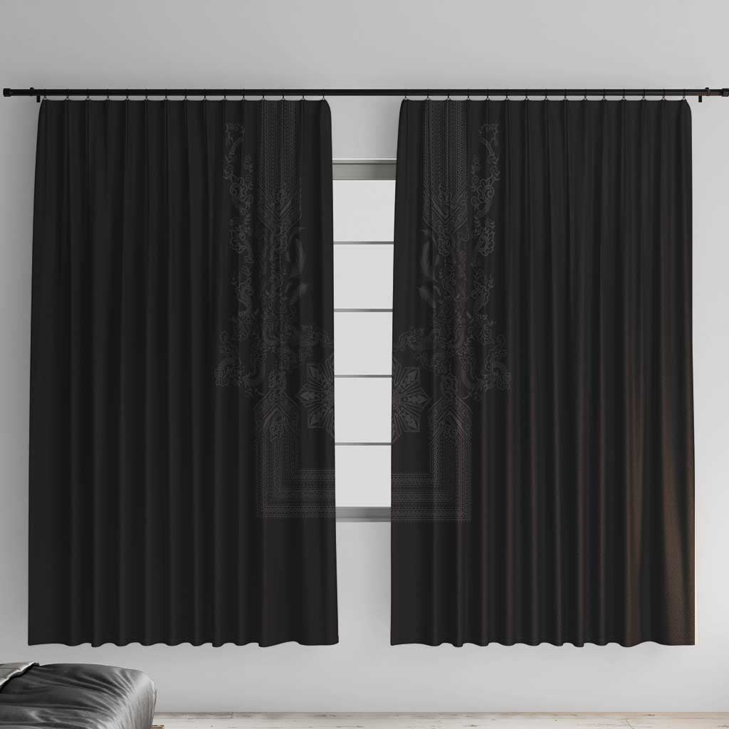 Philippines Barong Style Window Curtain with Polynesian Art and Leaf Motif Black Color LT03 With Hooks Black - Polynesian Pride