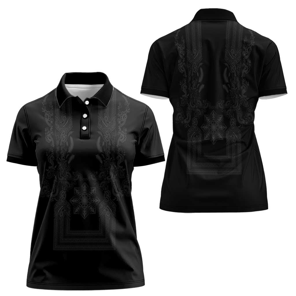 Philippines Barong Style Women Polo Shirt with Polynesian Art and Leaf Motif Black Color LT03 - Polynesian Pride