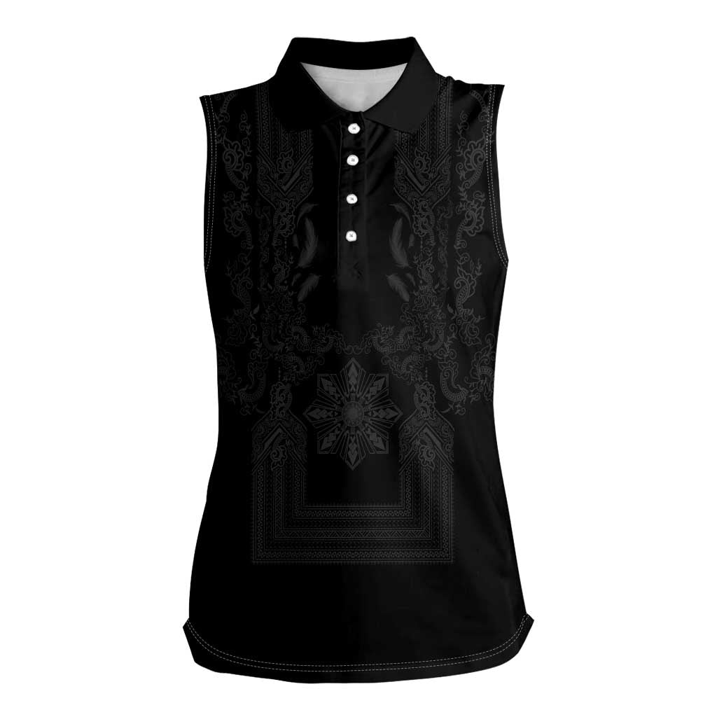 Philippines Barong Style Women Sleeveless Polo Shirt with Polynesian Art and Leaf Motif Black Color