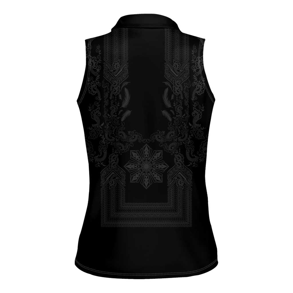 Philippines Barong Style Women Sleeveless Polo Shirt with Polynesian Art and Leaf Motif Black Color LT03 - Polynesian Pride