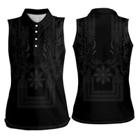 Philippines Barong Style Women Sleeveless Polo Shirt with Polynesian Art and Leaf Motif Black Color LT03 - Polynesian Pride