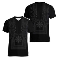 Philippines Barong Style Women V-Neck T-Shirt with Polynesian Art and Leaf Motif Black Color LT03 - Polynesian Pride