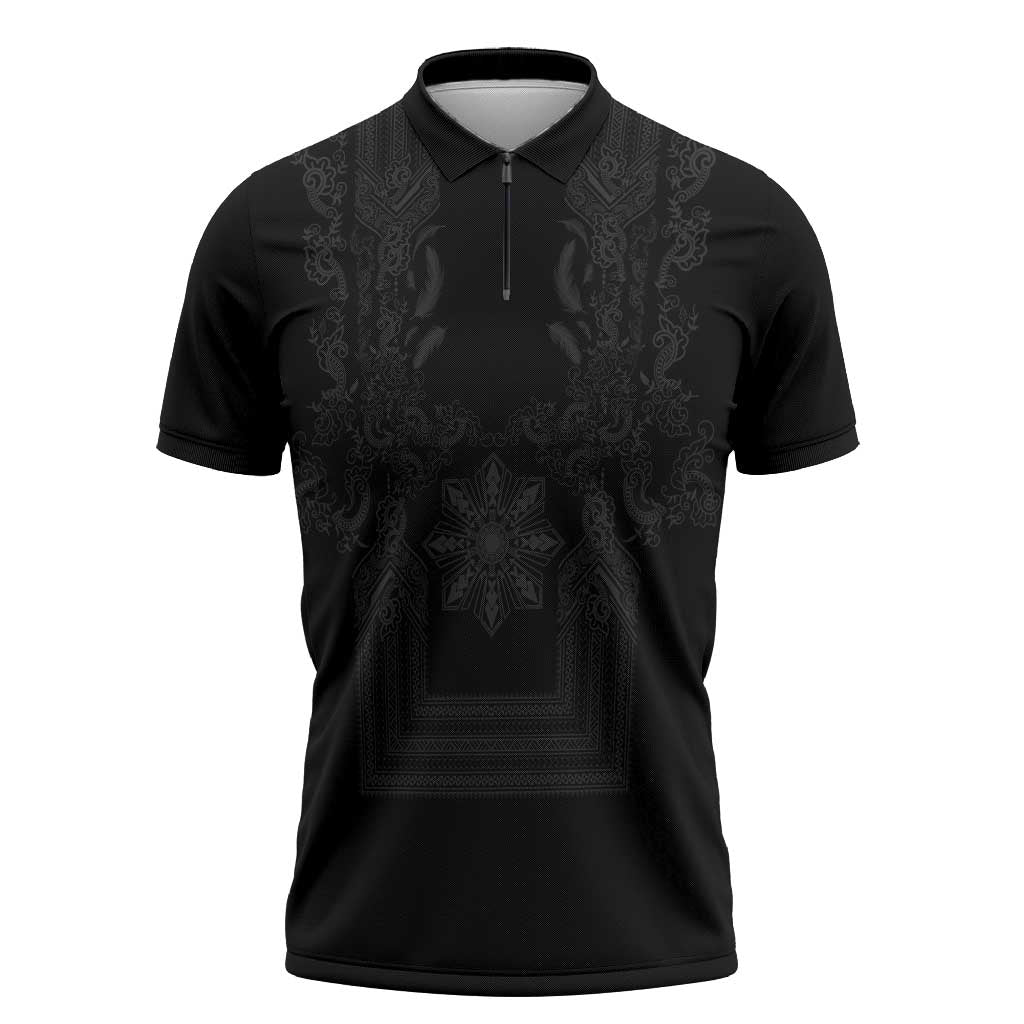 Philippines Barong Style Zipper Polo Shirt with Polynesian Art and Leaf Motif Black Color