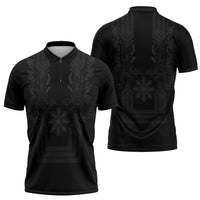 Philippines Barong Style Zipper Polo Shirt with Polynesian Art and Leaf Motif Black Color