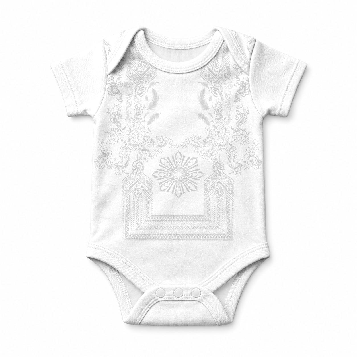 Philippines Barong Style Baby Onesie with Polynesian Art and Leaf Motif White Color